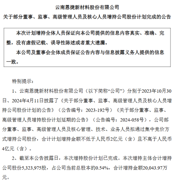 超2亿元！恩捷股份：部分董监高等人员增持532.40万股，增持计划实施完成