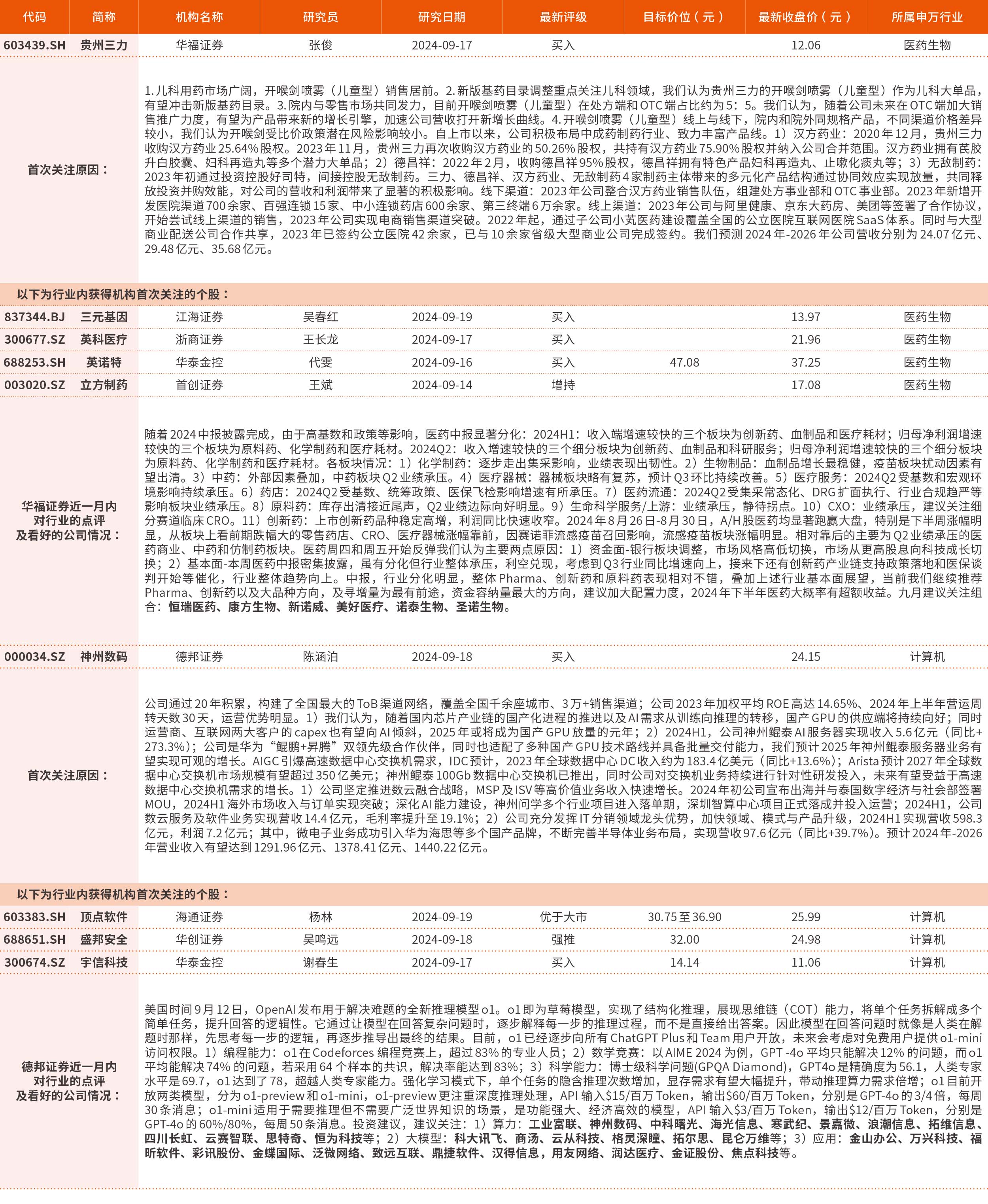 9月18日—9月20日券商最新研报荐股一览（2）