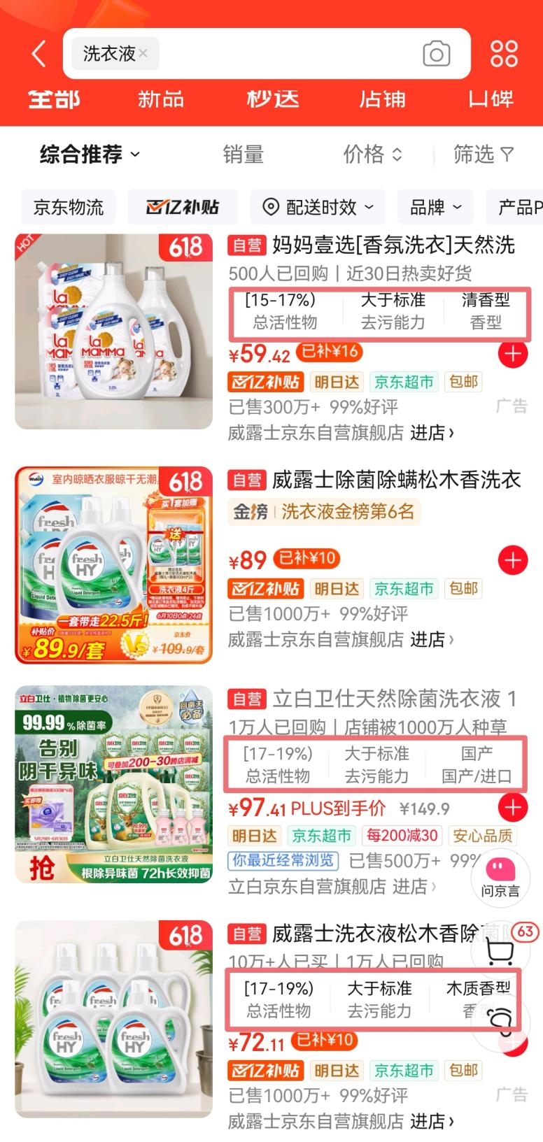 劣质洗衣液活性物含量不足5%引行业关注  京东超市行业首创自营洗衣液清洁力打标功能
