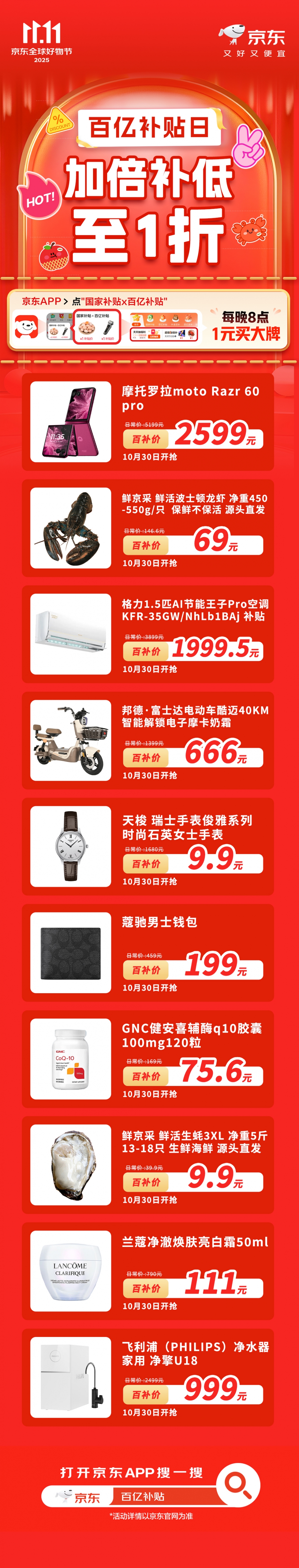 京东11.11百亿补贴日连续3天疯狂加补，1元抢百吋大牌电视