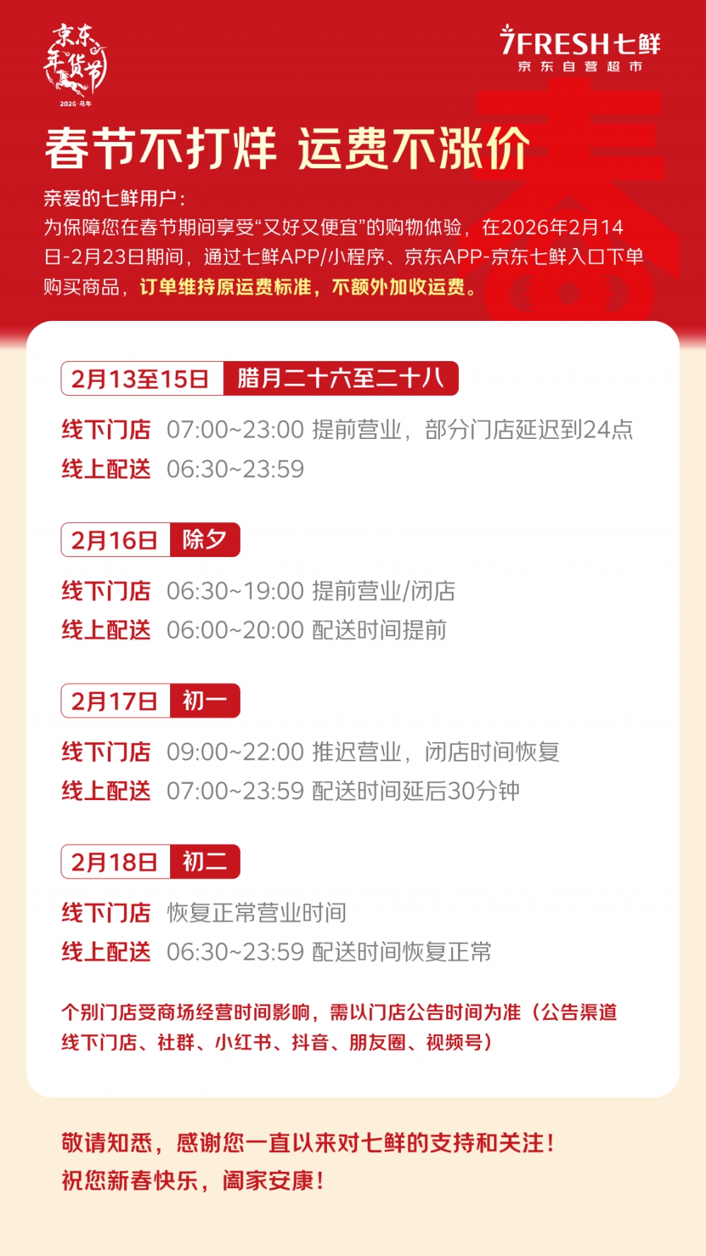 京东七鲜连续第六年春节不打烊，运费不涨价