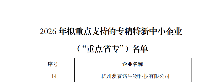 诺泰生物子公司澳赛诺入选浙江省重点省专名单