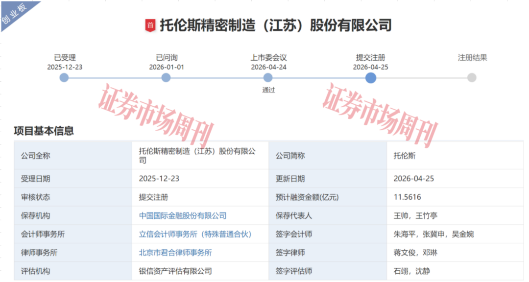 托伦斯IPO顺利过会 超八成收入来自北方华创与中微公司